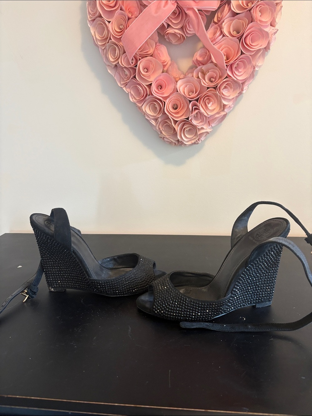 Tory Birch Black Embellished Open-Toe Wedge Sandals